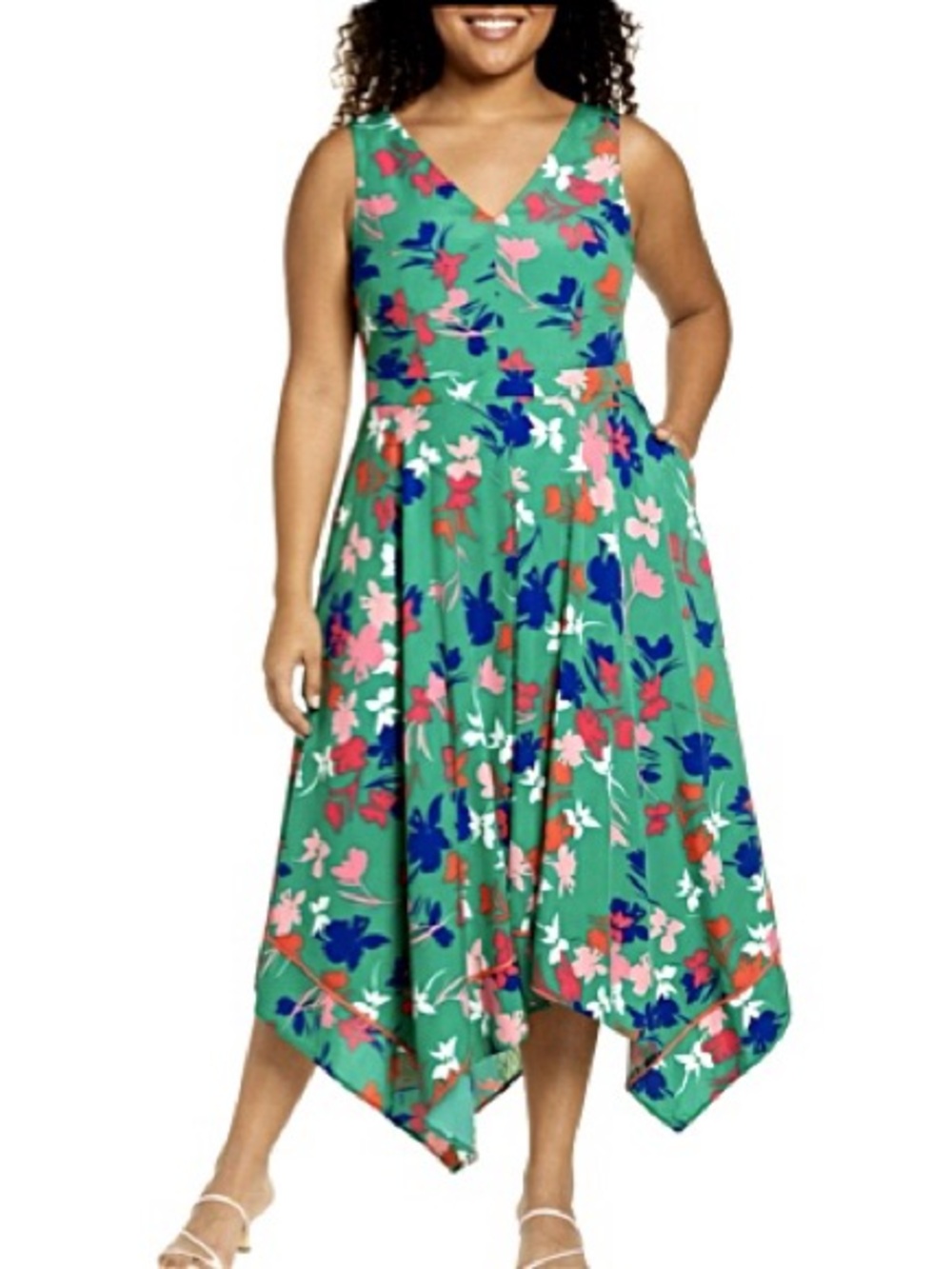 Vince Camuto Floral Handkerchief Hem Sleeveless Midi Dress Size 14 Green Fairy